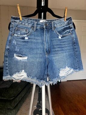 JBD- High-Waist Distressed Denim Shorts - Blue